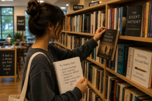 Student choosing a suitable book for reading and study in a library.