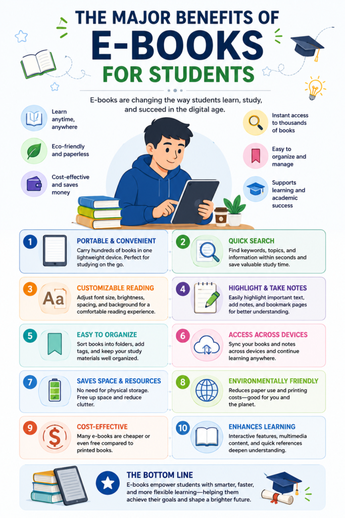 Infographic showing the benefits of e-books for students and modern readers.