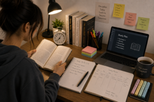 Student reading a book while managing time and study tasks at an organized desk.