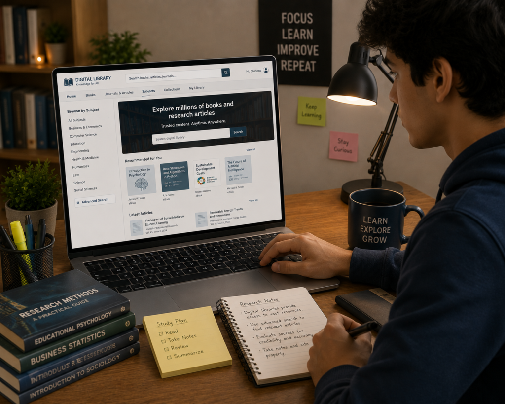 Student using a digital library to find books and articles for language learning.
