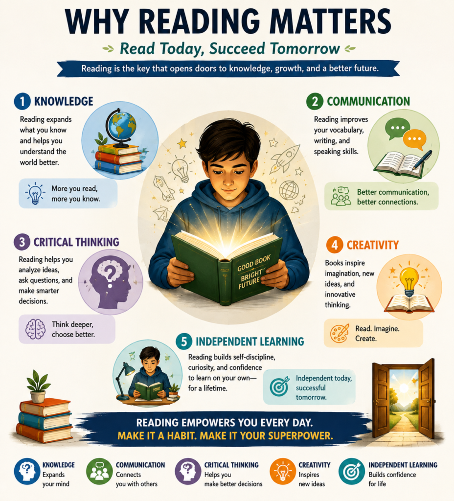 Infographic showing the benefits of reading for personal and academic growth