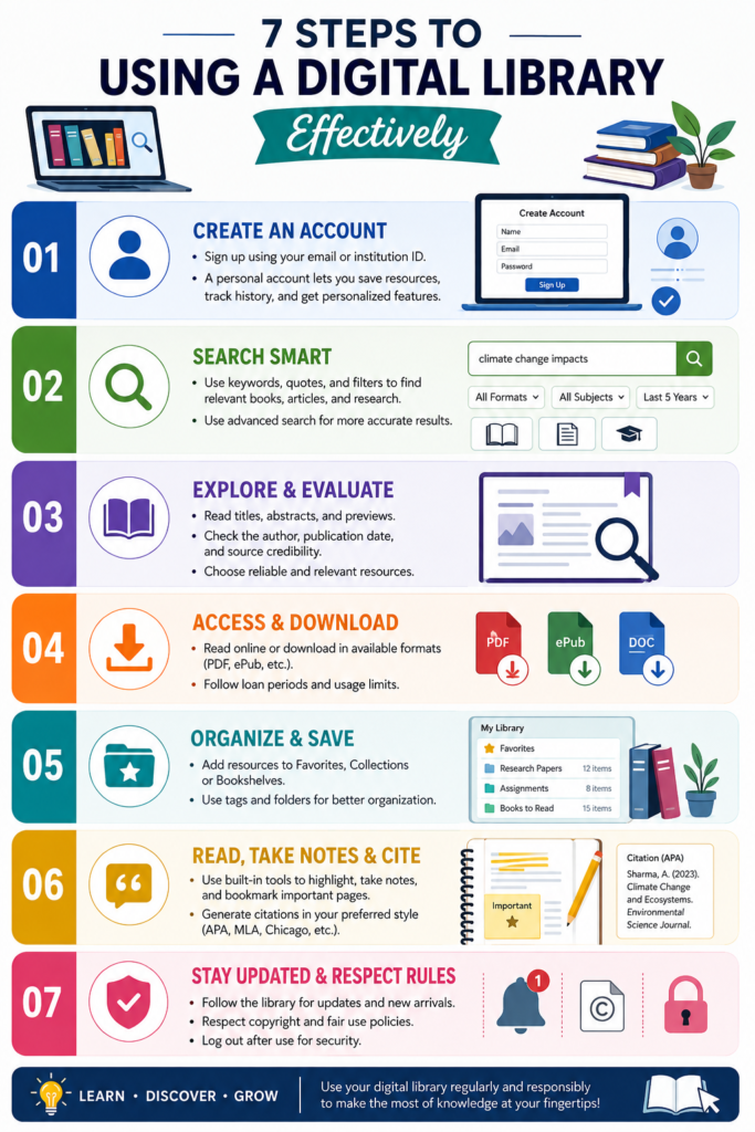 Infographic showing the steps for using a digital library effectively.