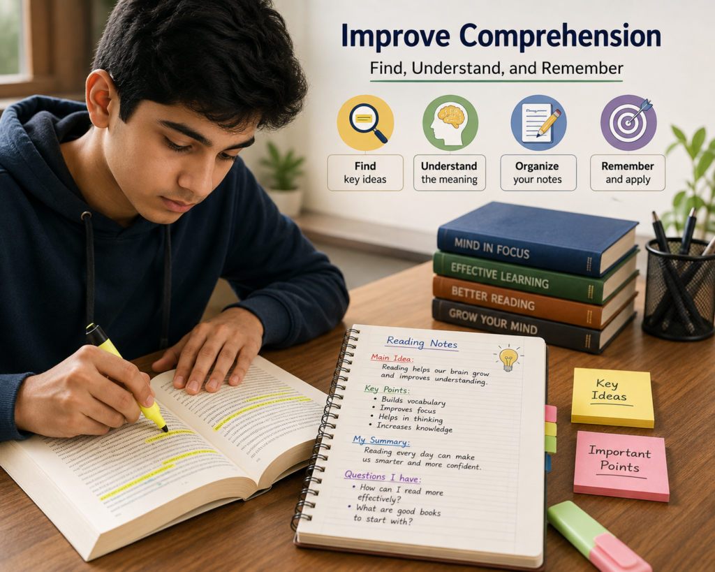 Student improving reading comprehension by identifying key ideas and taking notes.
