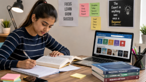Student developing effective learning skills using books and digital resources.