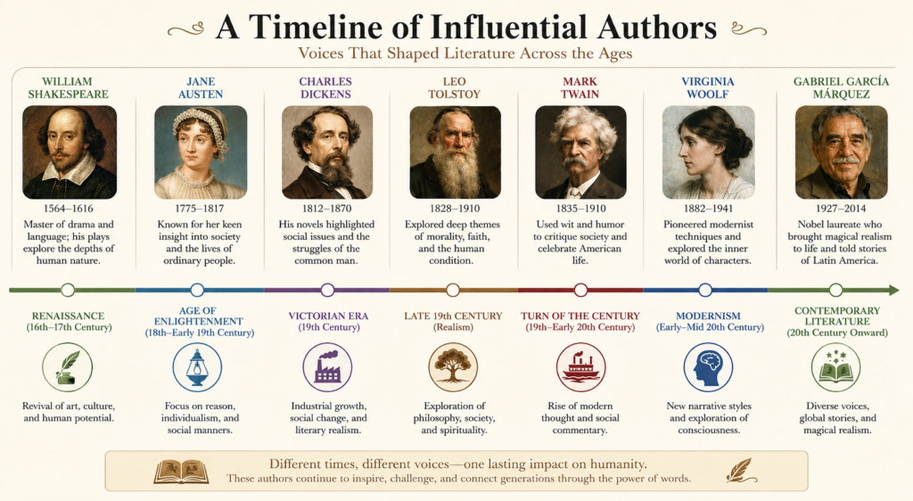 Timeline showing influential authors and major developments in literature