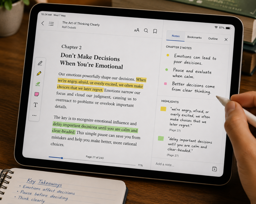 Student highlighting and taking notes in a digital book.