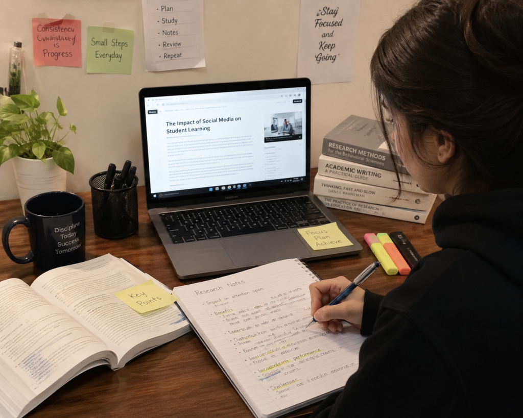Student conducting online research and taking academic notes.
