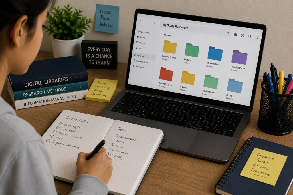Student organizing digital study resources into subject folders