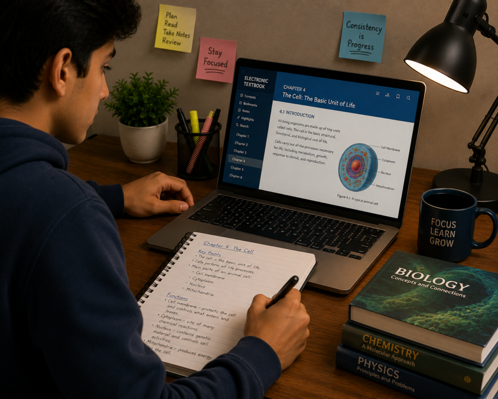 Student using an e-book for academic study and taking notes.