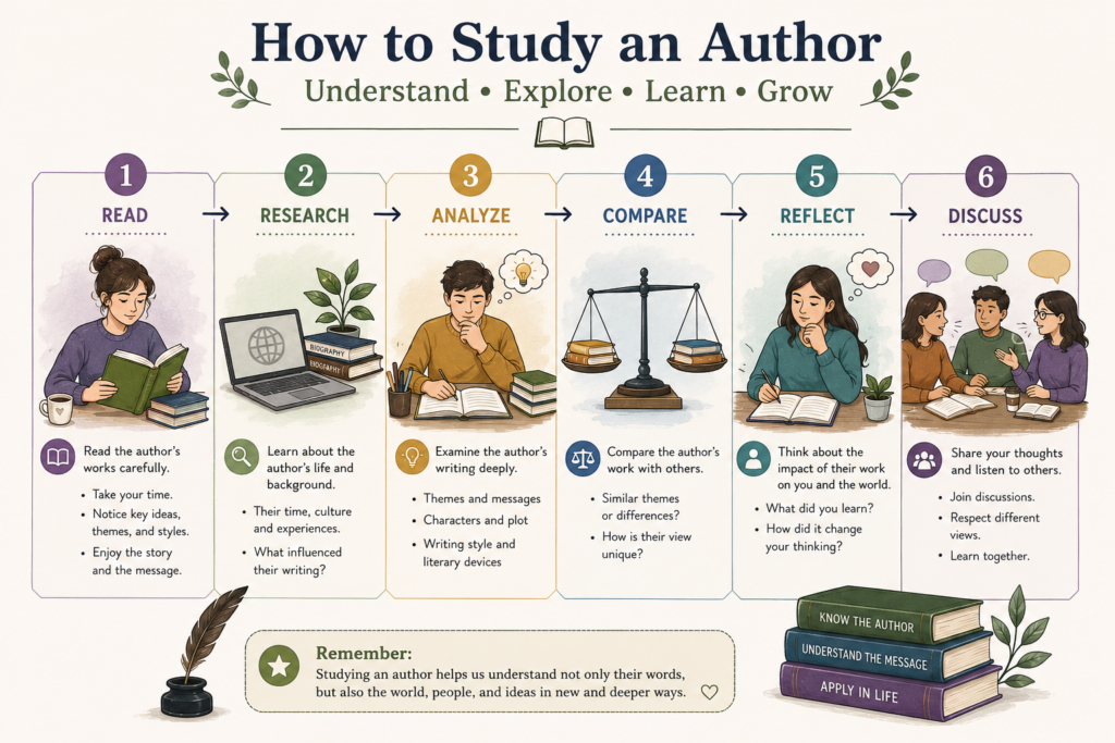 Infographic showing steps for studying an author's work and literary influence.