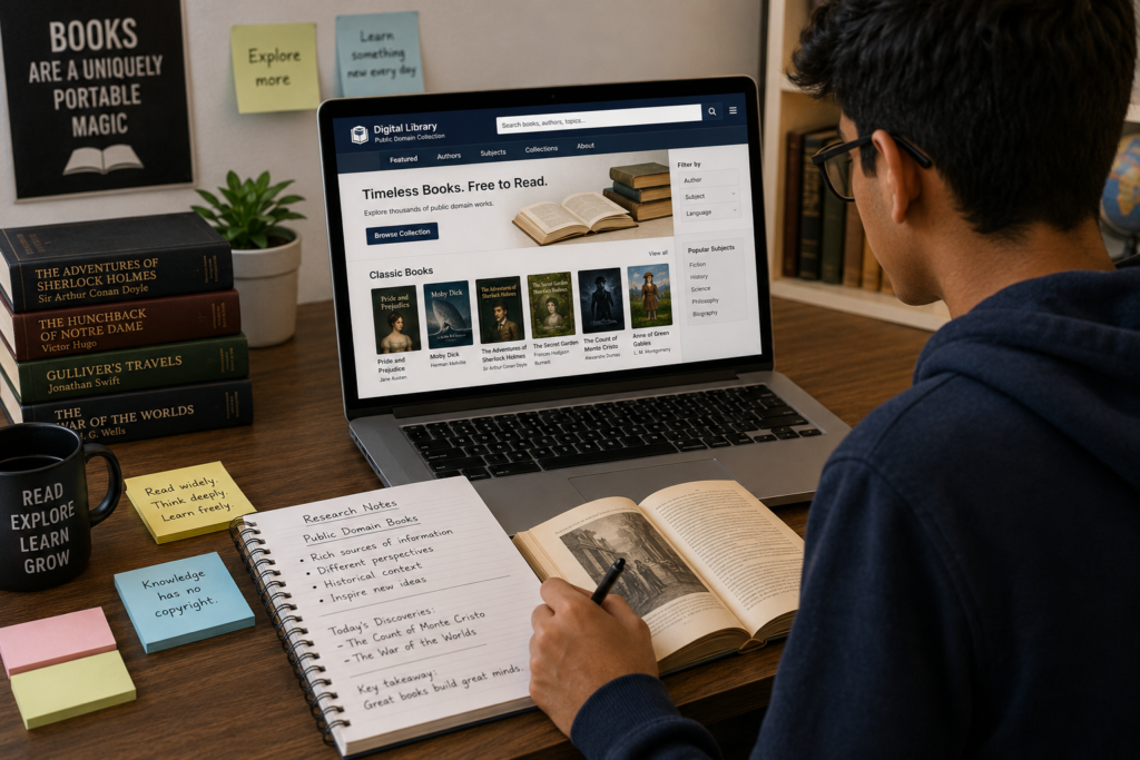 Student exploring public domain books in a digital library for independent learning.