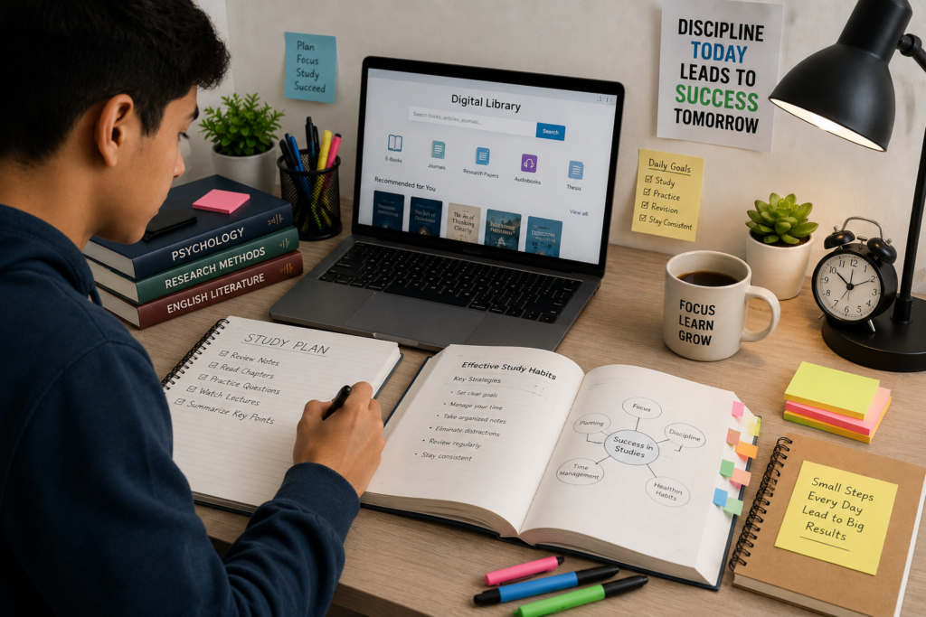 Student following effective study habits at an organized study desk.