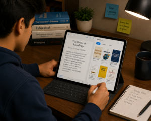Student reading an e-book on a digital device.