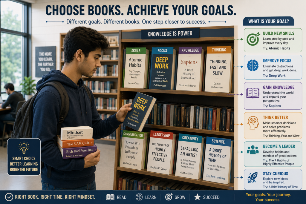 Student selecting books according to personal learning goals.